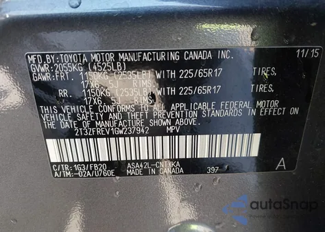 2016 Toyota Rav4 Le из США, поврежденный, VIN 2T3ZFREV1GW237942